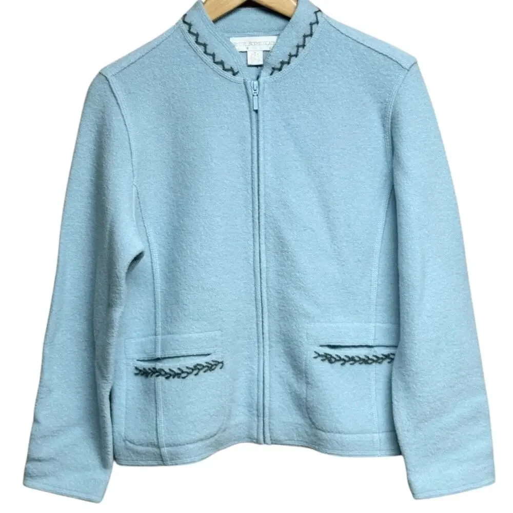 VTG 90s Petite Sophisticate Wool Zip Sweater Baby Blue Embroidered Alpine P Med